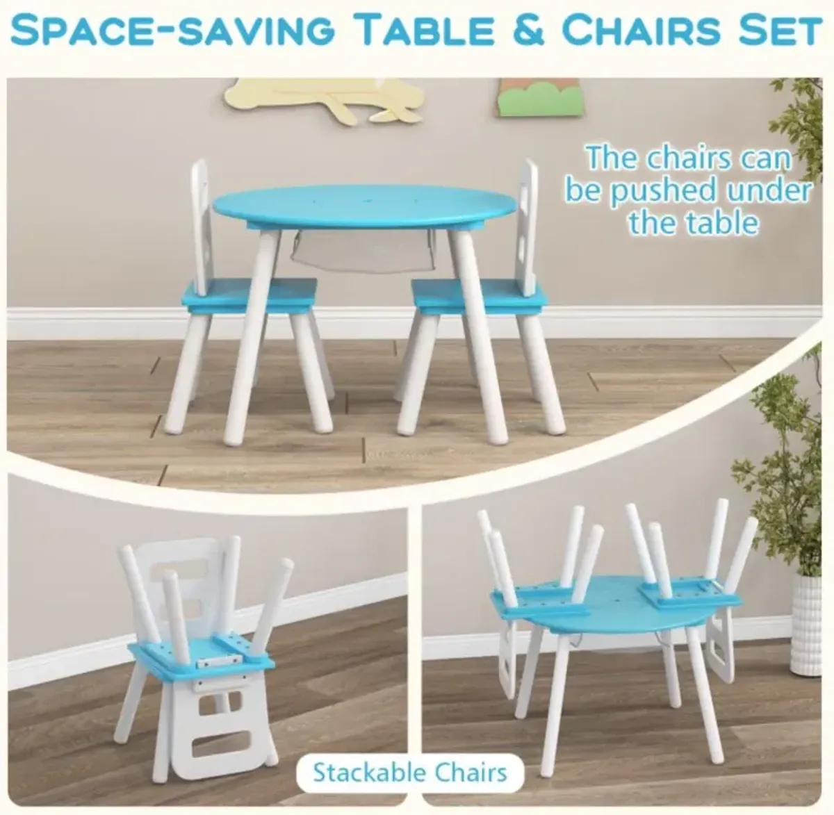 Hivvago Wood Activity Kids Table and Chair Set with Center Mesh Storage