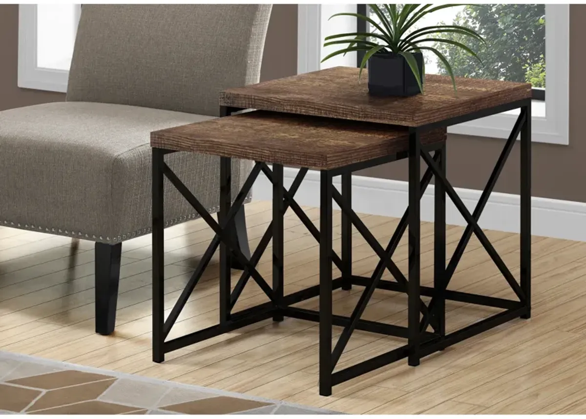 Monarch Specialties I 3413 Nesting Table, Set Of 2, Side, End, Metal, Accent, Living Room, Bedroom, Metal, Laminate, Brown, Black, Contemporary, Modern