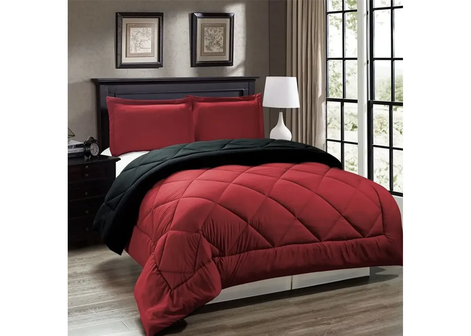 Legacy Decor 3pc Down Alternative, Reversible Comforter Set Red and Black, King Size