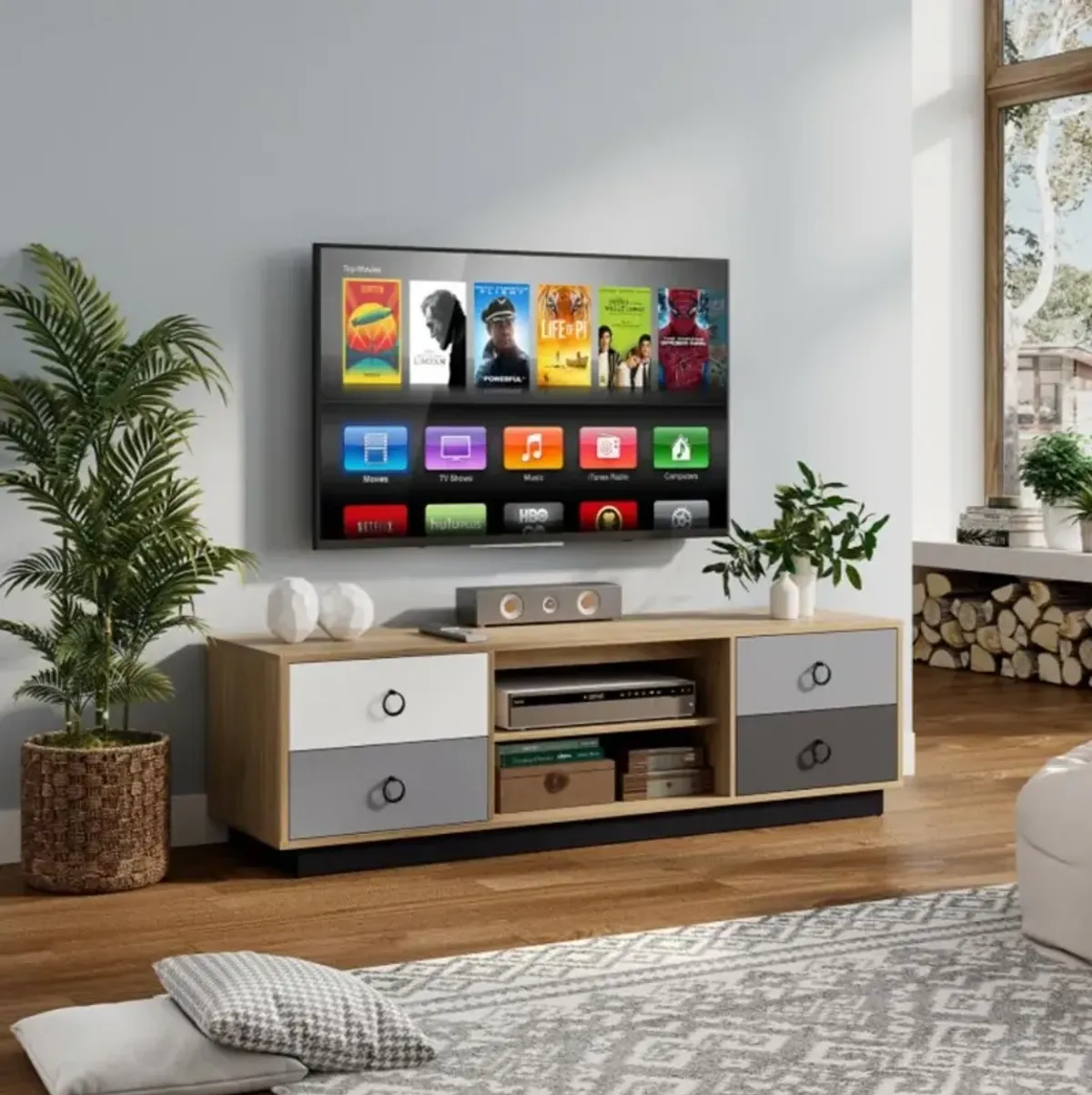 Hivvago Modern 55 Inch TV Stand with 2 Storage Cabinets for TVs up to 60 Inch