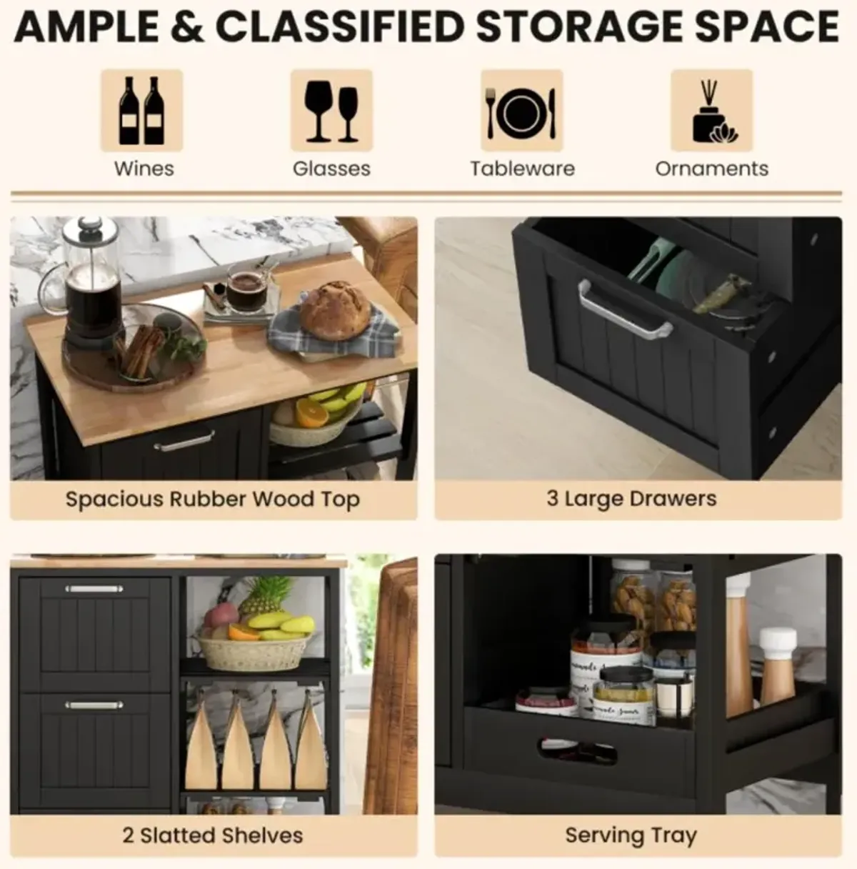 Hivvago Rolling Kitchen Island Utility Storage Cart with 3 Large Drawers-Black