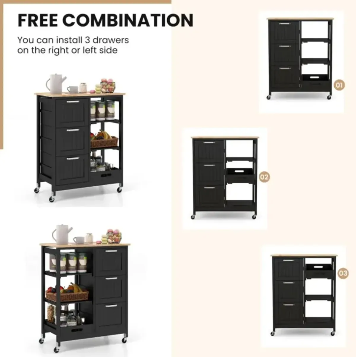 Hivvago Rolling Kitchen Island Utility Storage Cart with 3 Large Drawers-Black