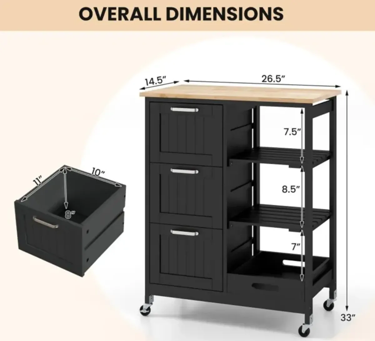 Hivvago Rolling Kitchen Island Utility Storage Cart with 3 Large Drawers-Black