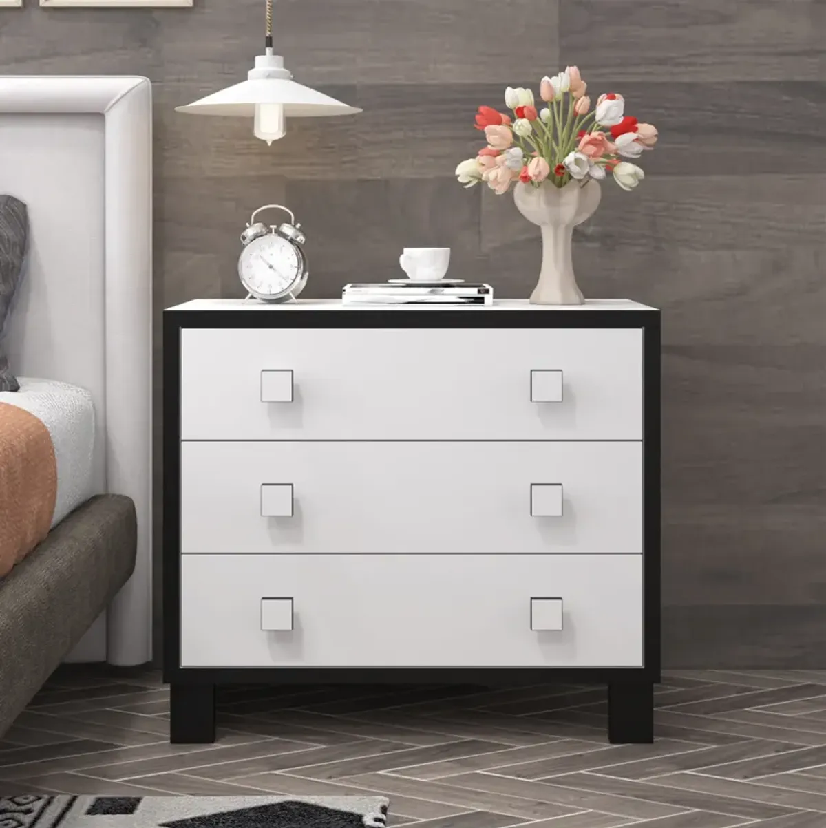 FUFU&GAGA 3-Drawer Modern Nightstand with Black and White Finish, Wooden Handles, and Spacious Storage (31.5" W x 15.6" D x 27.6" H)，White