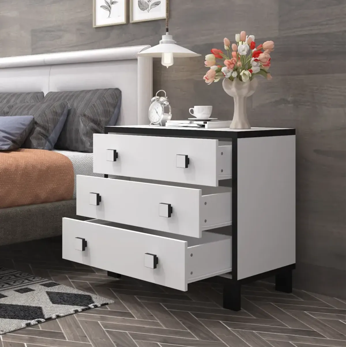 FUFU&GAGA 3-Drawer Modern Nightstand with Black and White Finish, Wooden Handles, and Spacious Storage (31.5" W x 15.6" D x 27.6" H)，White