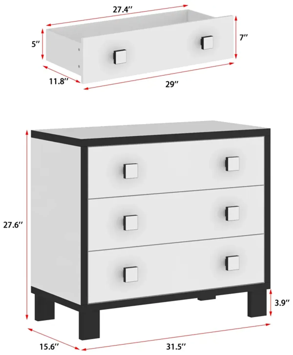 FUFU&GAGA 3-Drawer Modern Nightstand with Black and White Finish, Wooden Handles, and Spacious Storage (31.5" W x 15.6" D x 27.6" H)，White