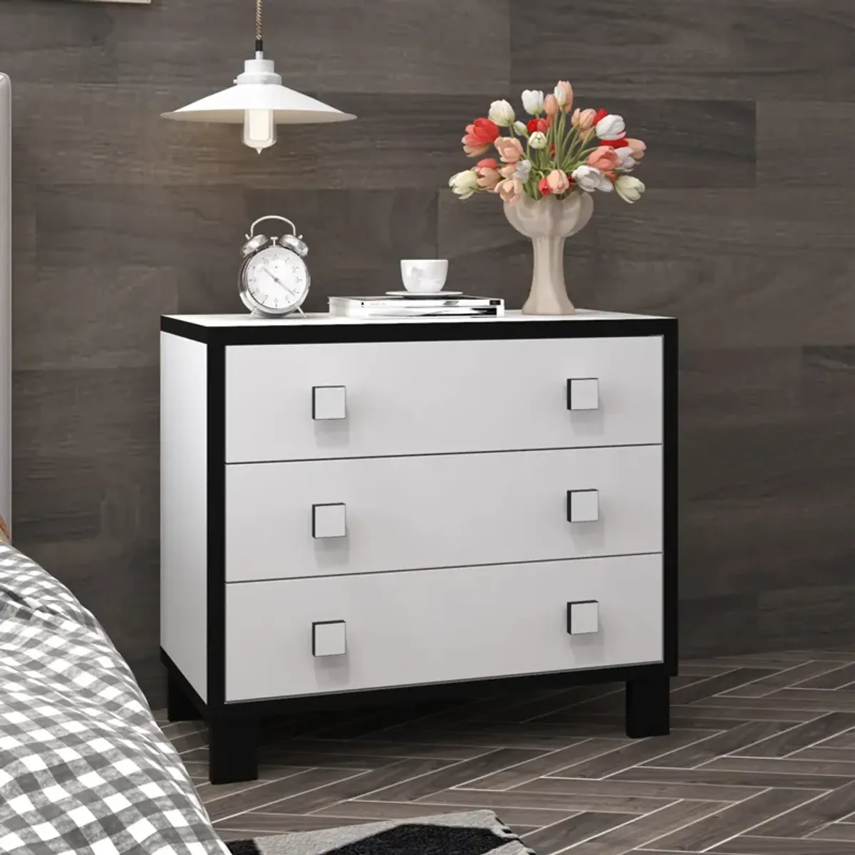 FUFU&GAGA 3-Drawer Modern Nightstand with Black and White Finish, Wooden Handles, and Spacious Storage (31.5" W x 15.6" D x 27.6" H)，White