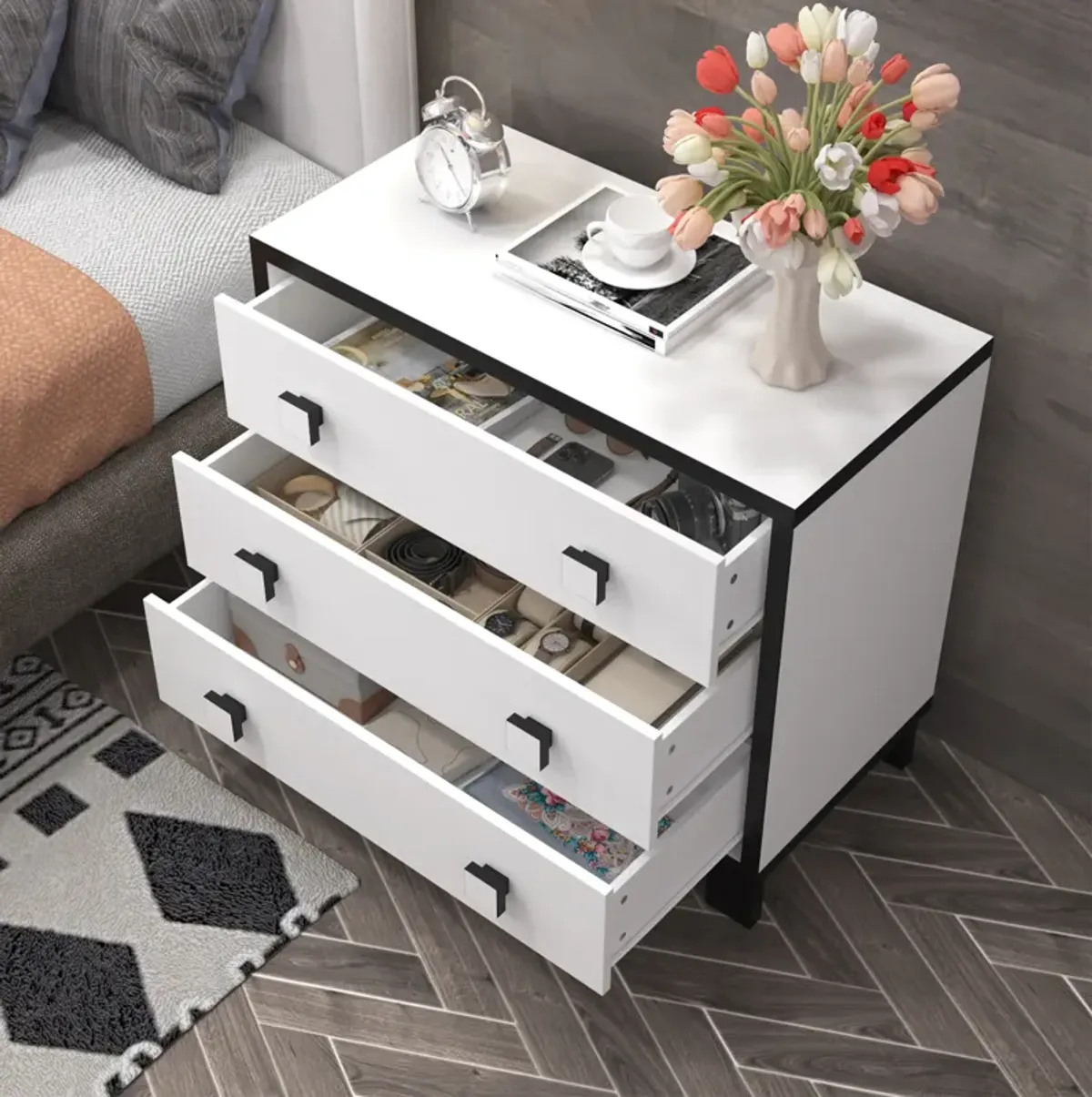 FUFU&GAGA 3-Drawer Modern Nightstand with Black and White Finish, Wooden Handles, and Spacious Storage (31.5" W x 15.6" D x 27.6" H)，White