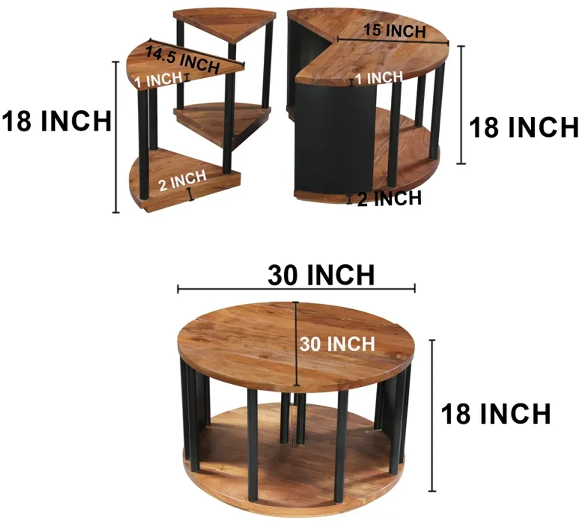 Jones 30-Inch Round Coffee Table, Handcrafted Natural Brown Acacia Wood, 3 Piece Split Design - Benzara