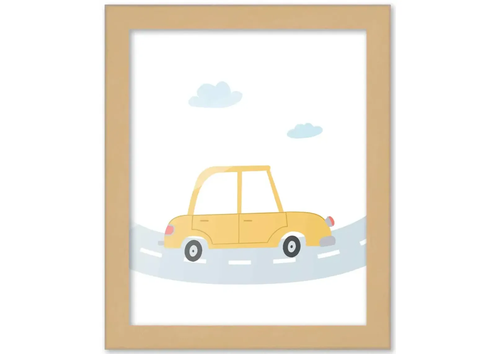 8x10 Framed Nursery Wall Art Hand Drawn Yellow Car Poster in Natural Wood Frames For Kid Bedroom or Playroom