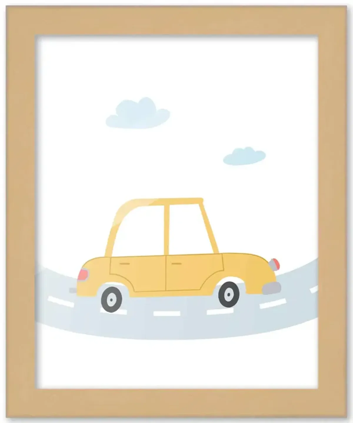 8x10 Framed Nursery Wall Art Hand Drawn Yellow Car Poster in Natural Wood Frames For Kid Bedroom or Playroom