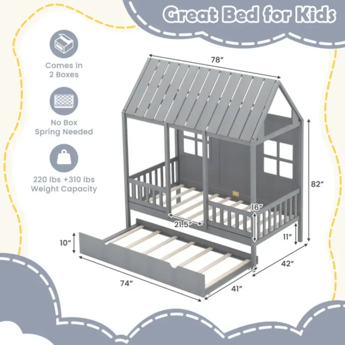 Hivvago Twin Size Bed Frame House Bed with Trundle and 82 Inch Tall Roof