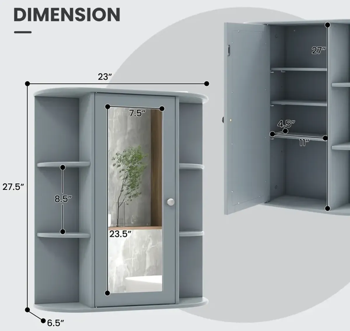 Costway Bathroom Cabinet Medicine Cabinet Single Door Shelves Wall Mount Cabinet W/ Mirror Gray