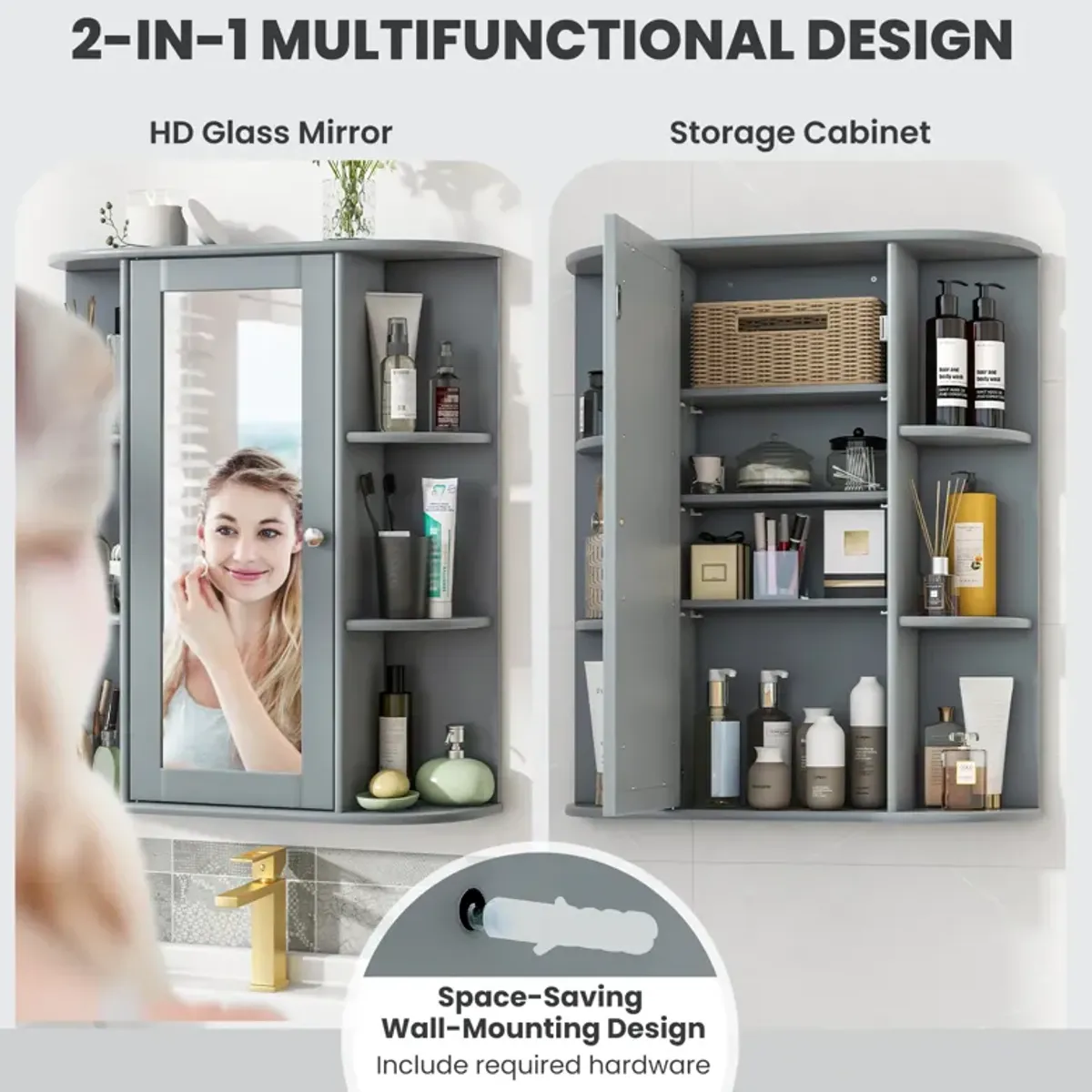 Costway Bathroom Cabinet Medicine Cabinet Single Door Shelves Wall Mount Cabinet W/ Mirror Gray