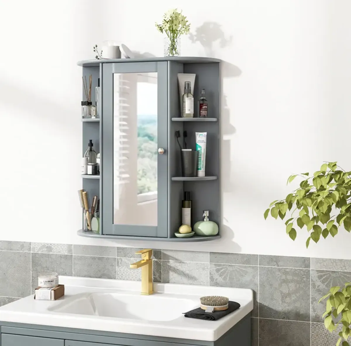 Costway Bathroom Cabinet Medicine Cabinet Single Door Shelves Wall Mount Cabinet W/ Mirror Gray