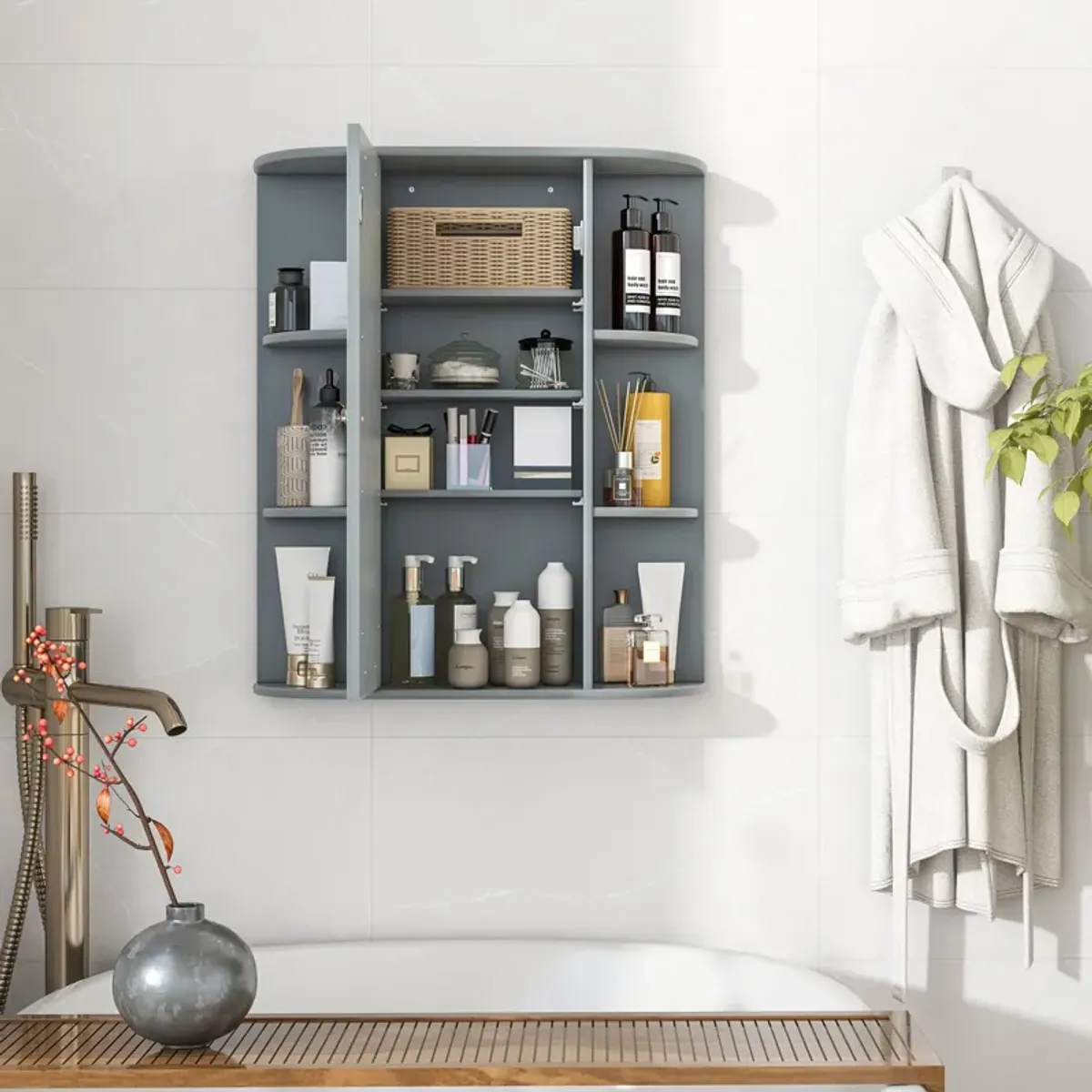 Costway Bathroom Cabinet Medicine Cabinet Single Door Shelves Wall Mount Cabinet W/ Mirror Gray