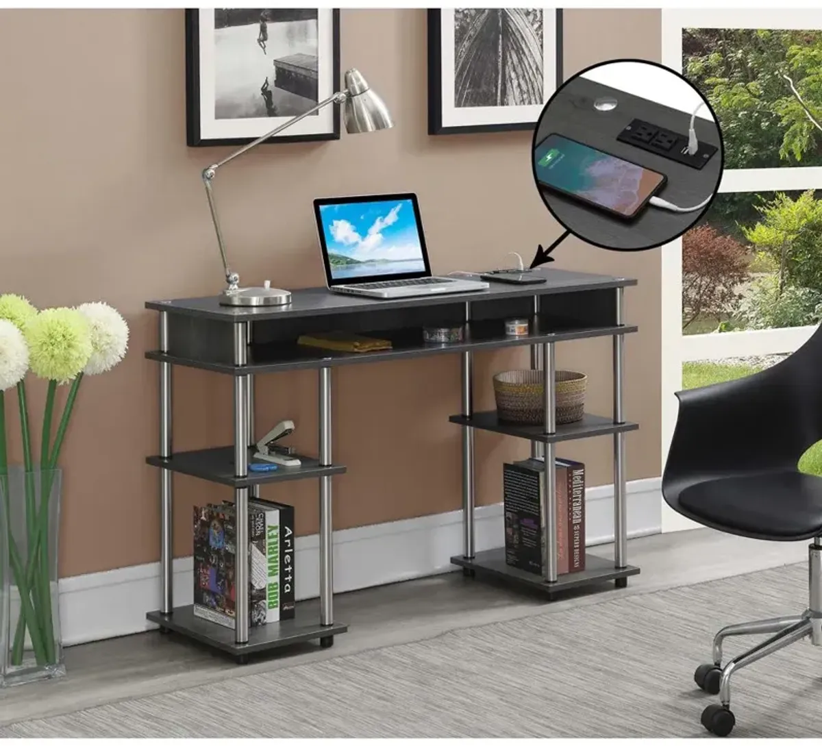 Convenience Concepts Designs2Go No Tools Student Desk with Charging Station, Charcoal Gray