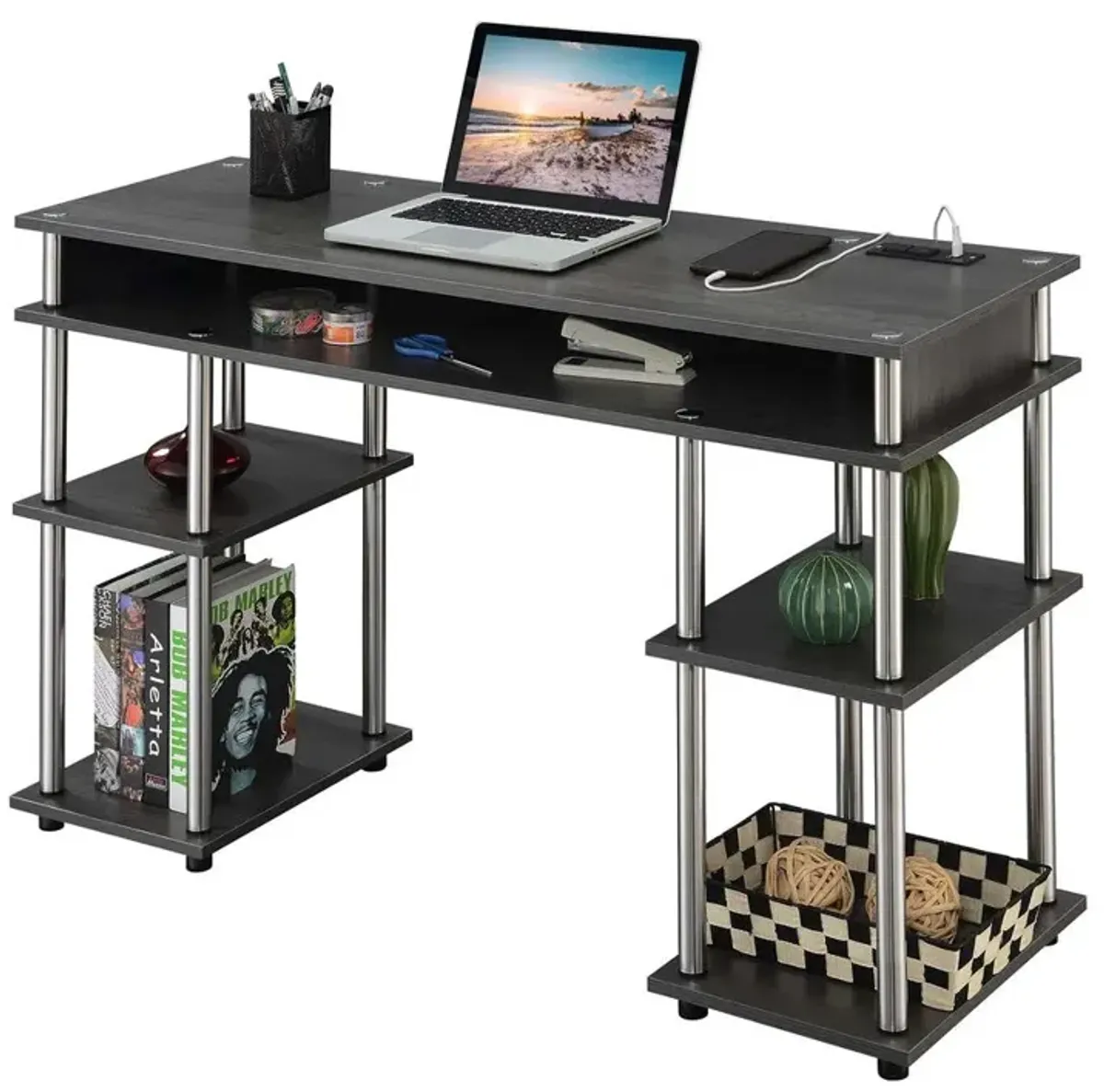 Convenience Concepts Designs2Go No Tools Student Desk with Charging Station, Charcoal Gray