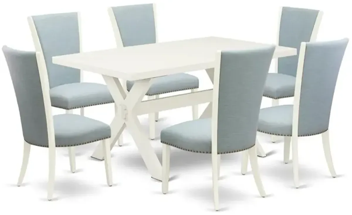 East West Furniture X026VE215-7 7 Piece Mid Century Dining Set - 6 Baby Blue Linen Fabric Kitchen Chair with Nailheads and Linen White Wooden Dining Table - Linen White Finish