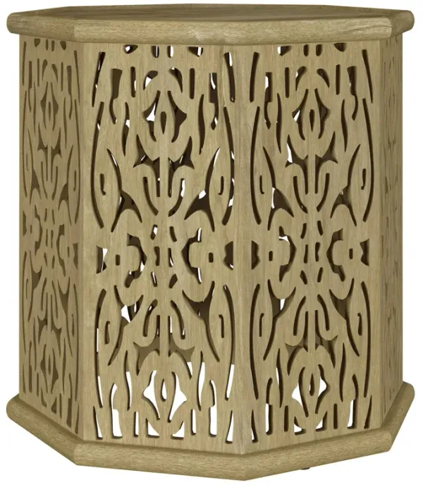 Ores Accent Side Table with Intricate Carvings, Brown Mango Wood - Benzara