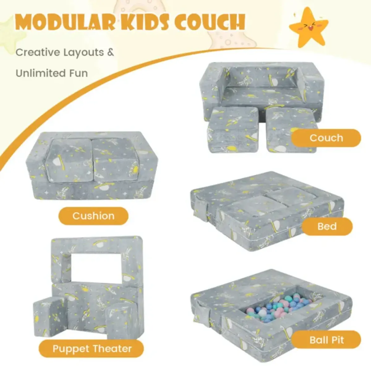 Hivvago Kids Play Sofa with Ottoman and Removable & Machine Washable Cover-Gray