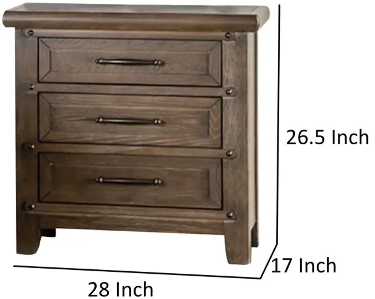 Merry Nightstand, Spacious Top, 3 Drawers, Metal Handles, Brown Solid Wood