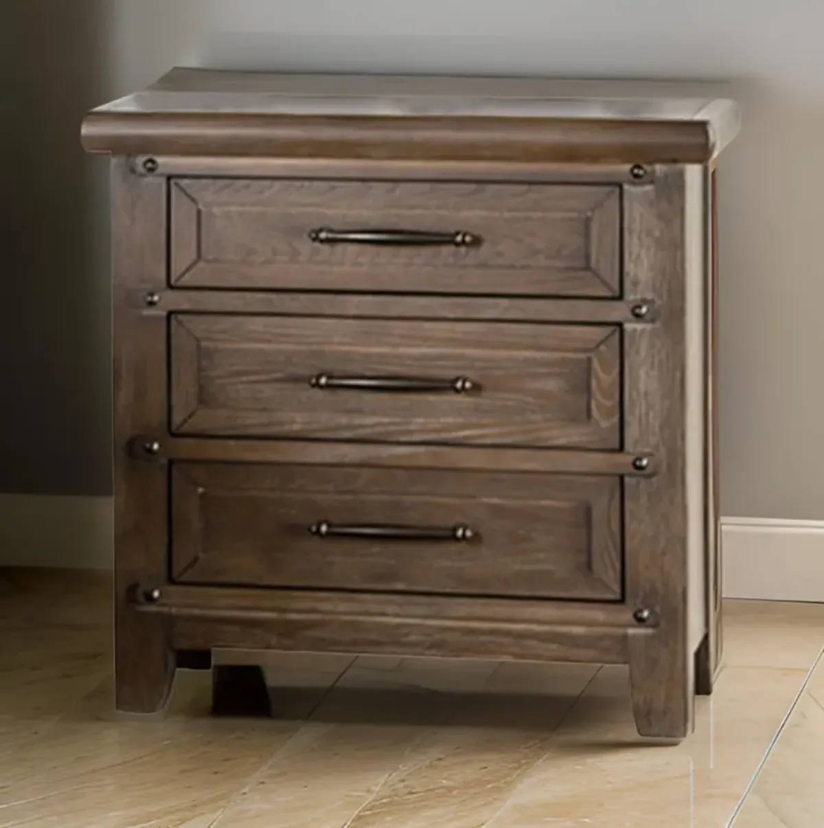 Merry Nightstand, Spacious Top, 3 Drawers, Metal Handles, Brown Solid Wood