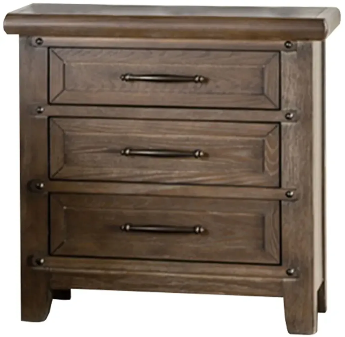 Merry Nightstand, Spacious Top, 3 Drawers, Metal Handles, Brown Solid Wood