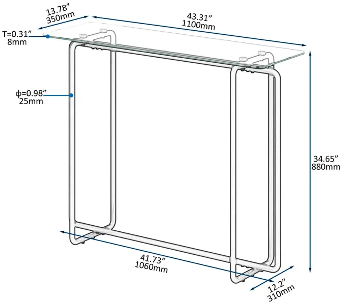 Console Table Single Layer Tempered Glass Rectangular Porch Table with Black Legs Double Tempered Glass Tea Table