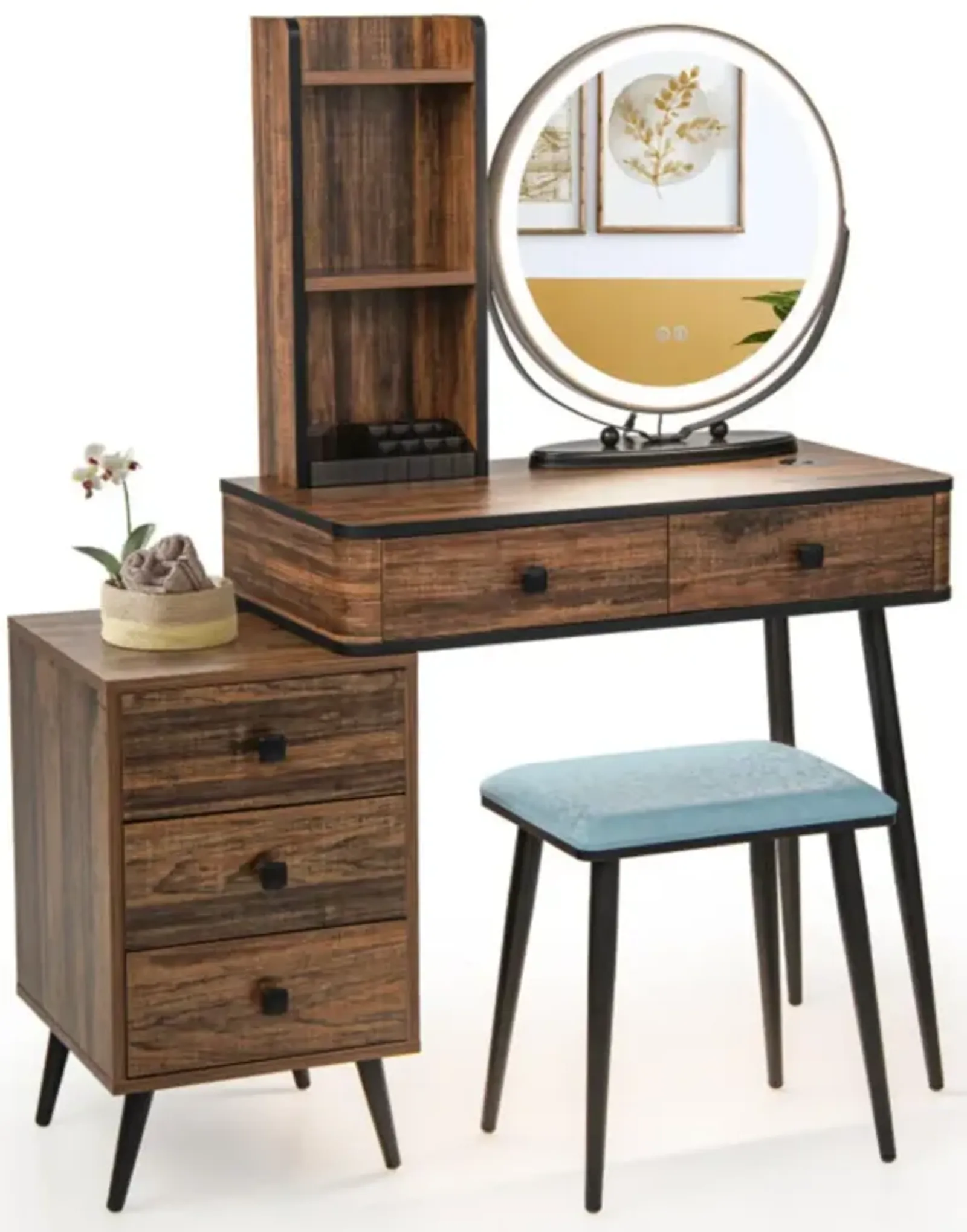 Hivvago Vanity Table Set with 3-Color Lighted Mirror and Cushioned Stool