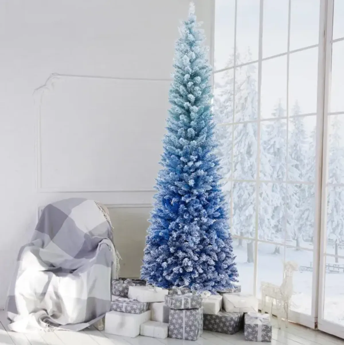 Hivvago 7 Feet Blue Gradient Snow Flocked Artificial Christmas Tree