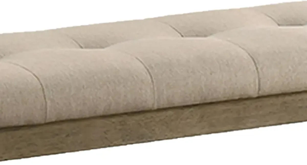 Alfa 48 Inch Farmhouse Bench, Beige Fabric, Tufted Seating, Brown Wood-Benzara