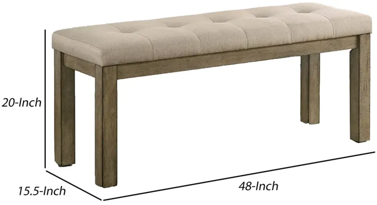 Alfa 48 Inch Farmhouse Bench, Beige Fabric, Tufted Seating, Brown Wood-Benzara