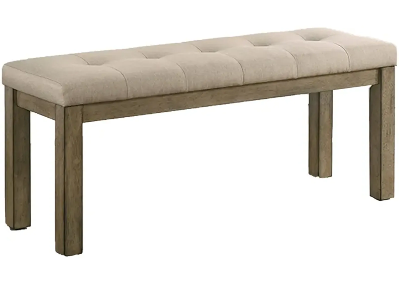 Alfa 48 Inch Farmhouse Bench, Beige Fabric, Tufted Seating, Brown Wood-Benzara