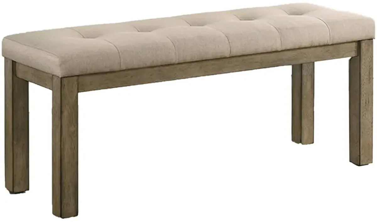 Alfa 48 Inch Farmhouse Bench, Beige Fabric, Tufted Seating, Brown Wood-Benzara