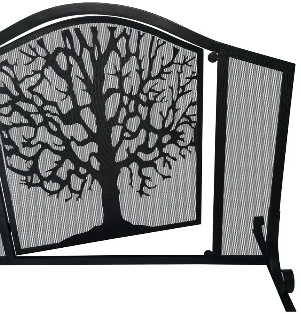 43 Inches 3 Panel Iron Fireplace Screen, Mesh Design, Arched Top, Tree of Life Art, Black-Benzara