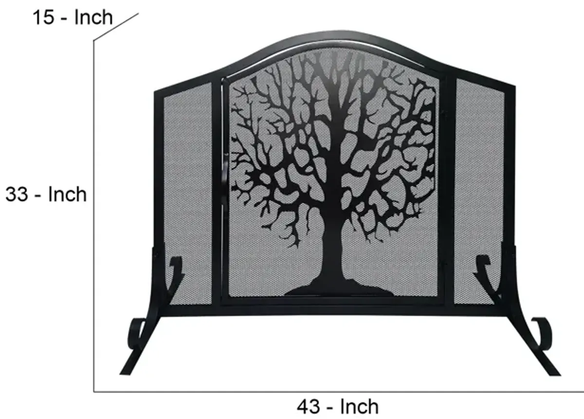 43 Inches 3 Panel Iron Fireplace Screen, Mesh Design, Arched Top, Tree of Life Art, Black-Benzara