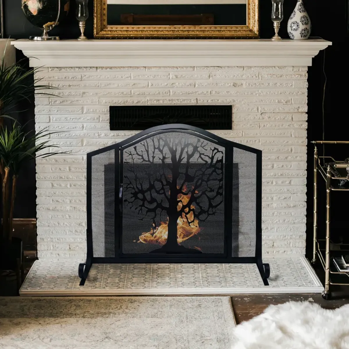 43 Inches 3 Panel Iron Fireplace Screen, Mesh Design, Arched Top, Tree of Life Art, Black-Benzara