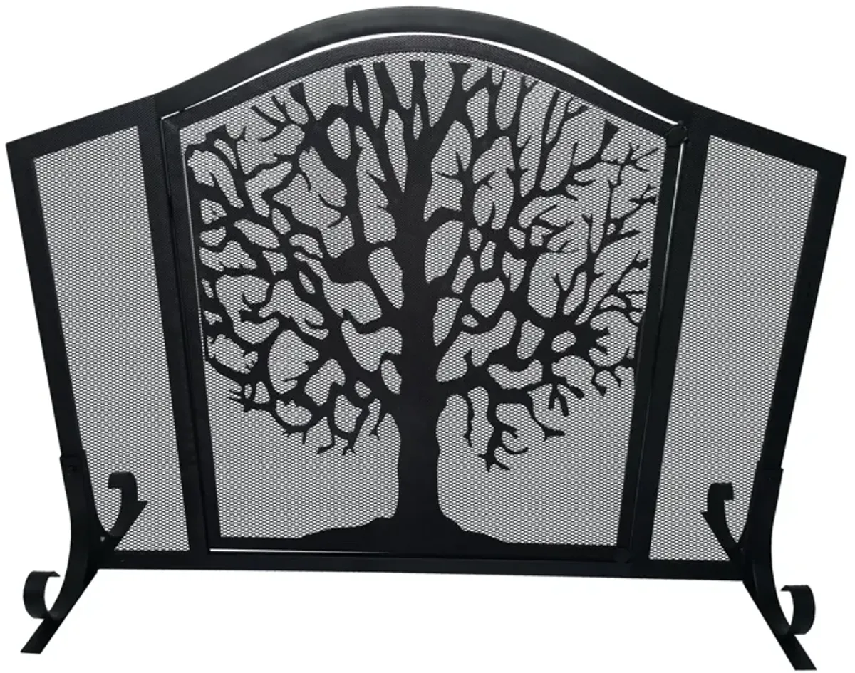 43 Inches 3 Panel Iron Fireplace Screen, Mesh Design, Arched Top, Tree of Life Art, Black-Benzara