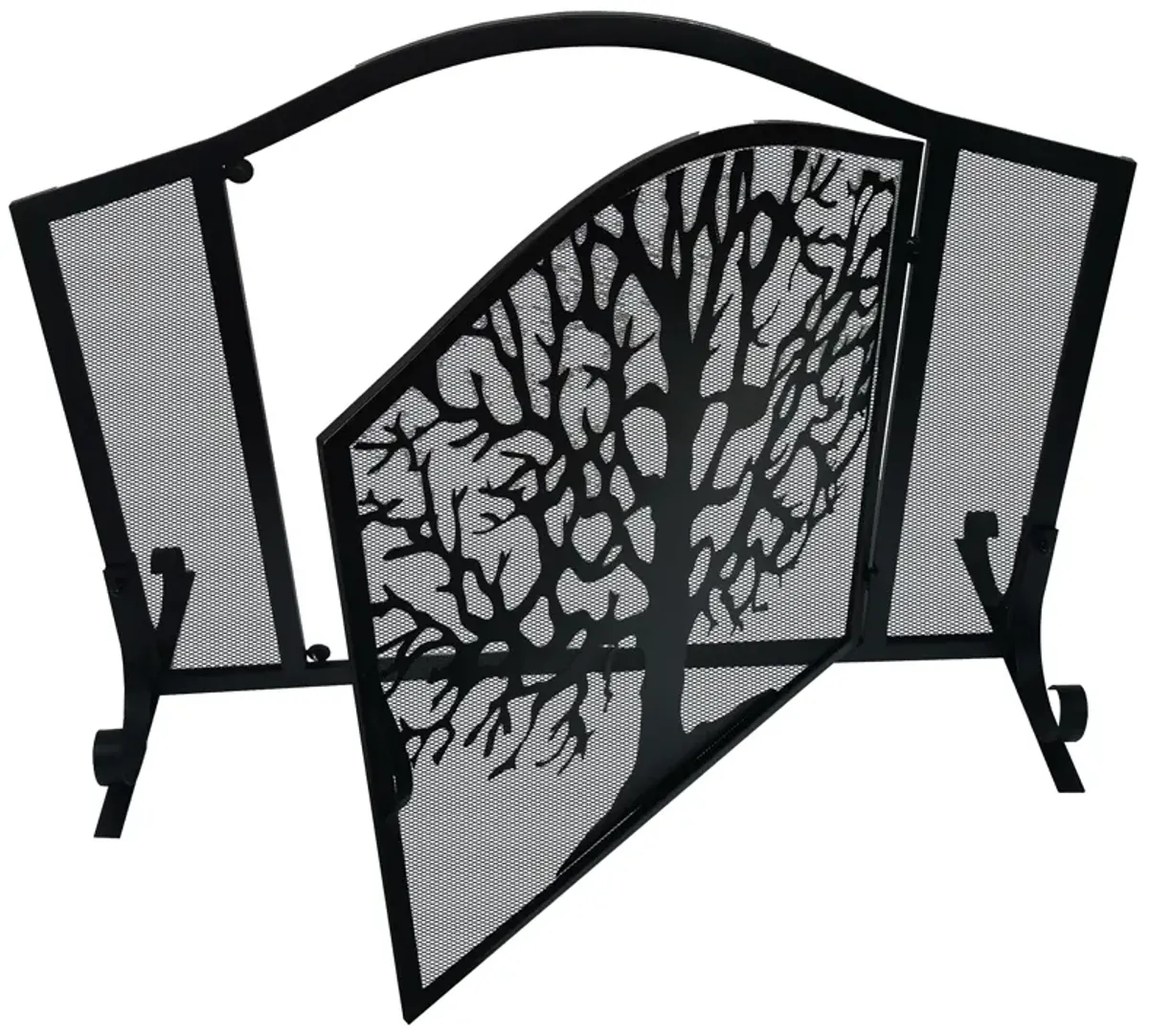 43 Inches 3 Panel Iron Fireplace Screen, Mesh Design, Arched Top, Tree of Life Art, Black-Benzara