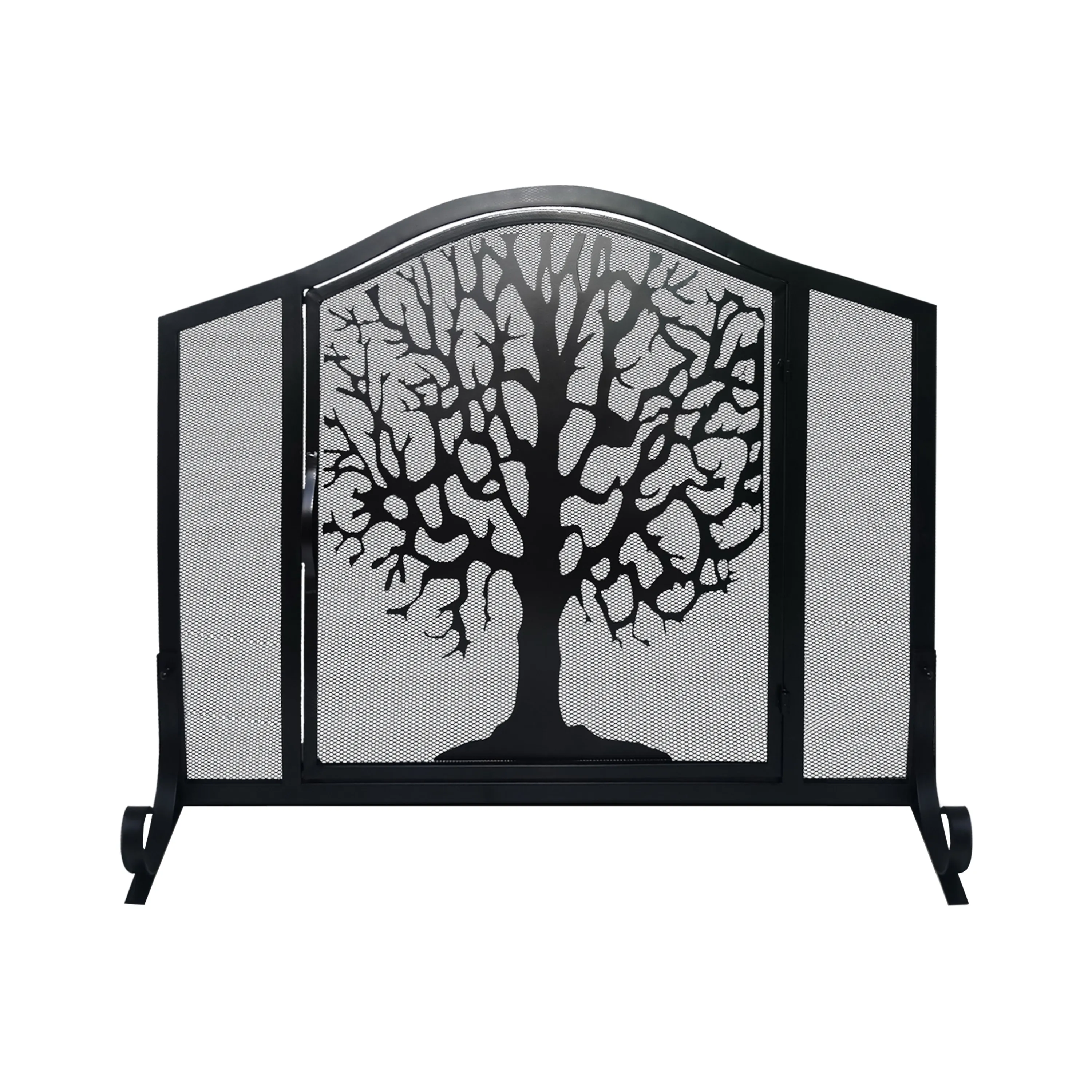 43 Inches 3 Panel Iron Fireplace Screen, Mesh Design, Arched Top, Tree of Life Art, Black-Benzara