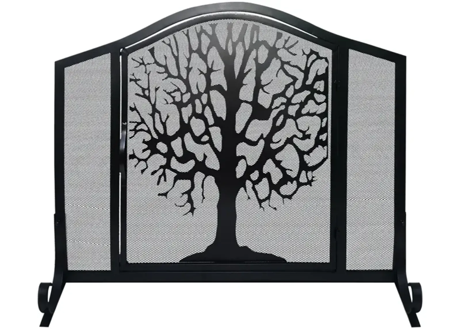 43 Inches 3 Panel Iron Fireplace Screen, Mesh Design, Arched Top, Tree of Life Art, Black-Benzara