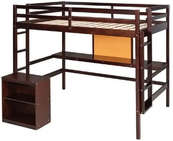 Loft Bed with Desk and Writing Board, Wooden Bed with 2-Drawer Cabinet for Storage