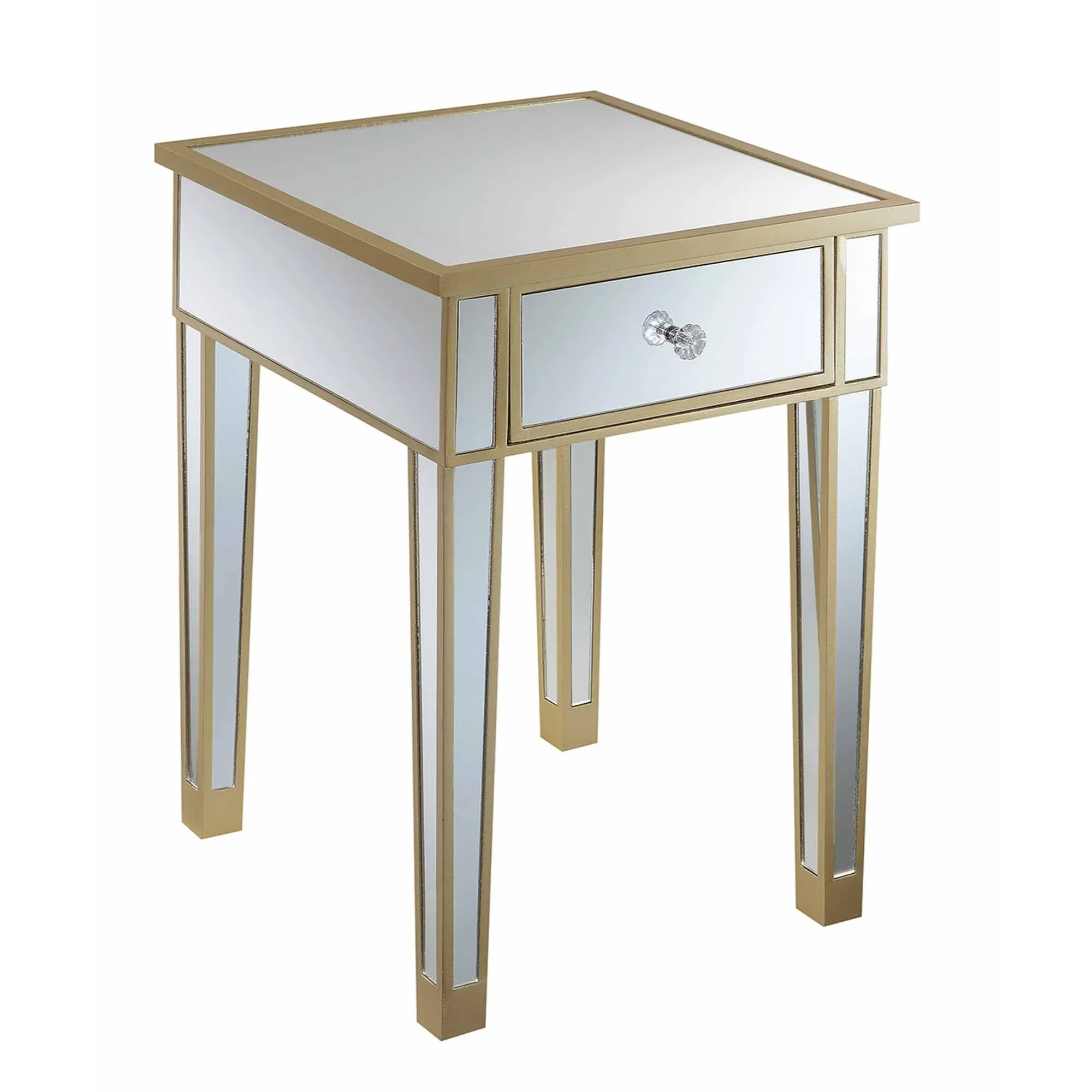 Convenience Concepts Gold Coast Mirrored End Table with Drawer, Champagne / Mirror