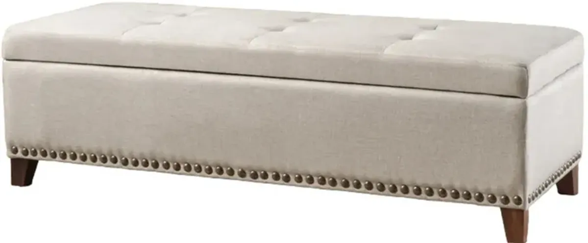 Nancy Storage Ottoman Bench, 51 Inch Beige Fabric, Brass Nailhead Trim - Benzara