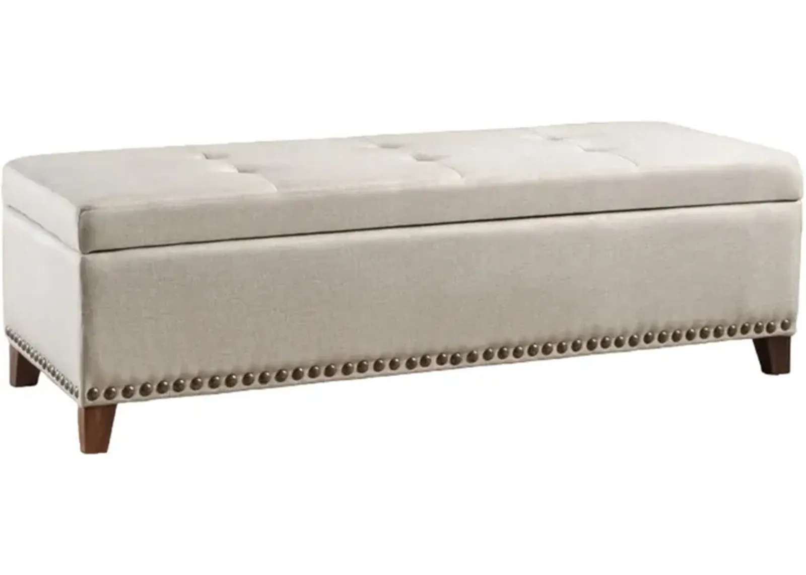 Nancy Storage Ottoman Bench, 51 Inch Beige Fabric, Brass Nailhead Trim - Benzara