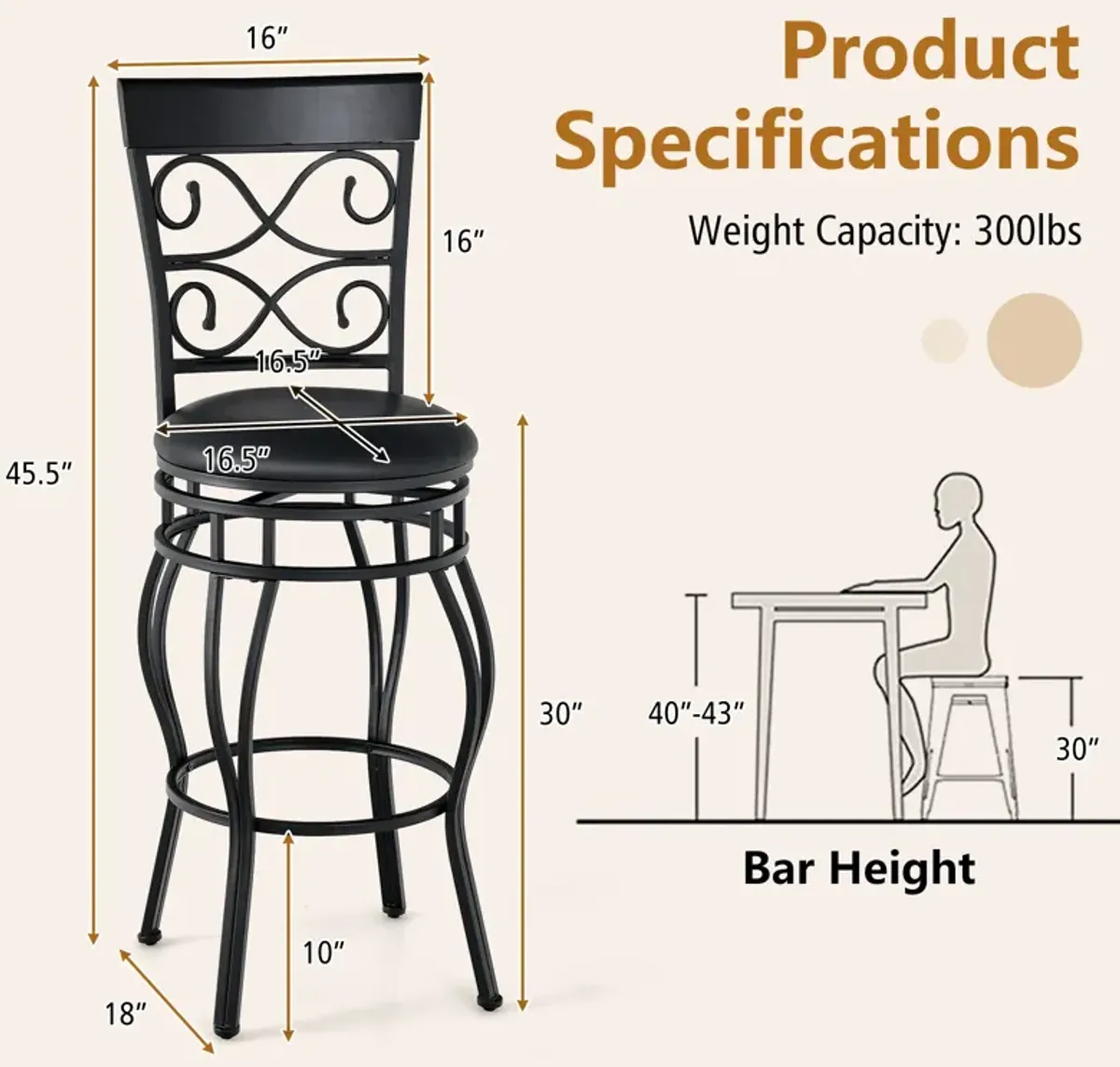 Set of 2 30 Inch Bar Stool with Backrest and Footrest