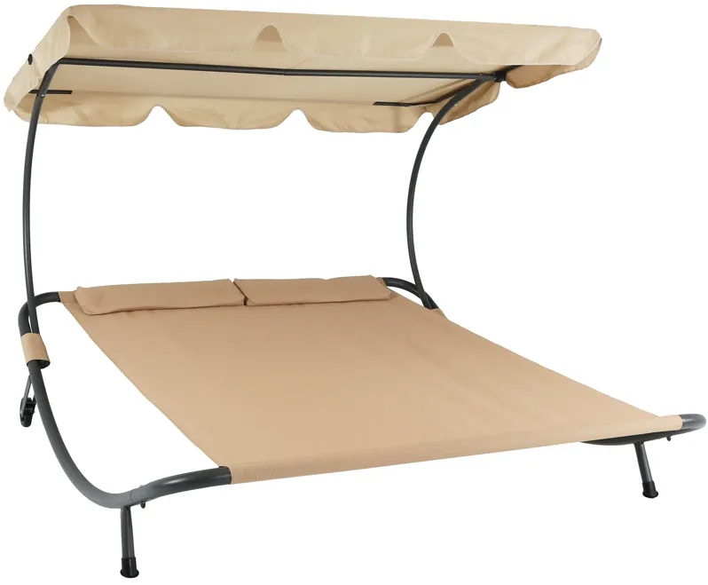 Sunnydaze Modern Fabric Double Chaise Lounge Bed with Canopy - Beige