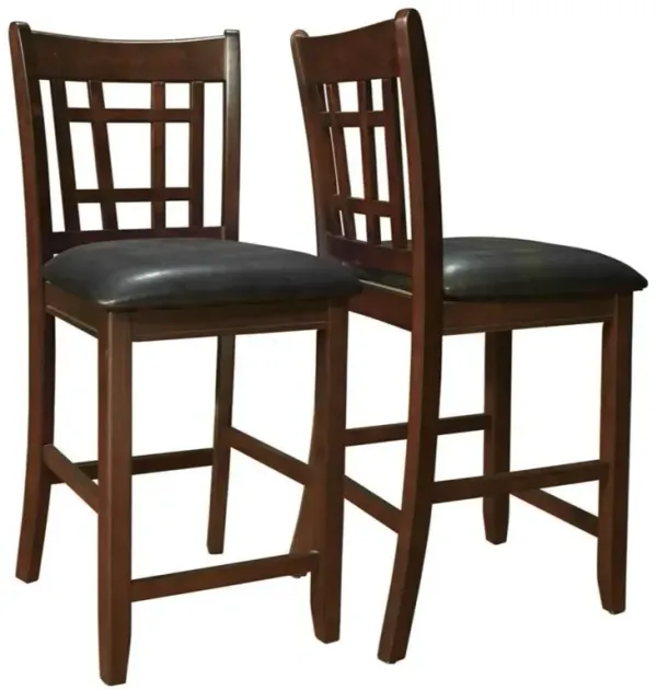 Lattice Back 24" Wooden Counter Height Chair with Leatherette Seat, Set of 2, Brown and Black