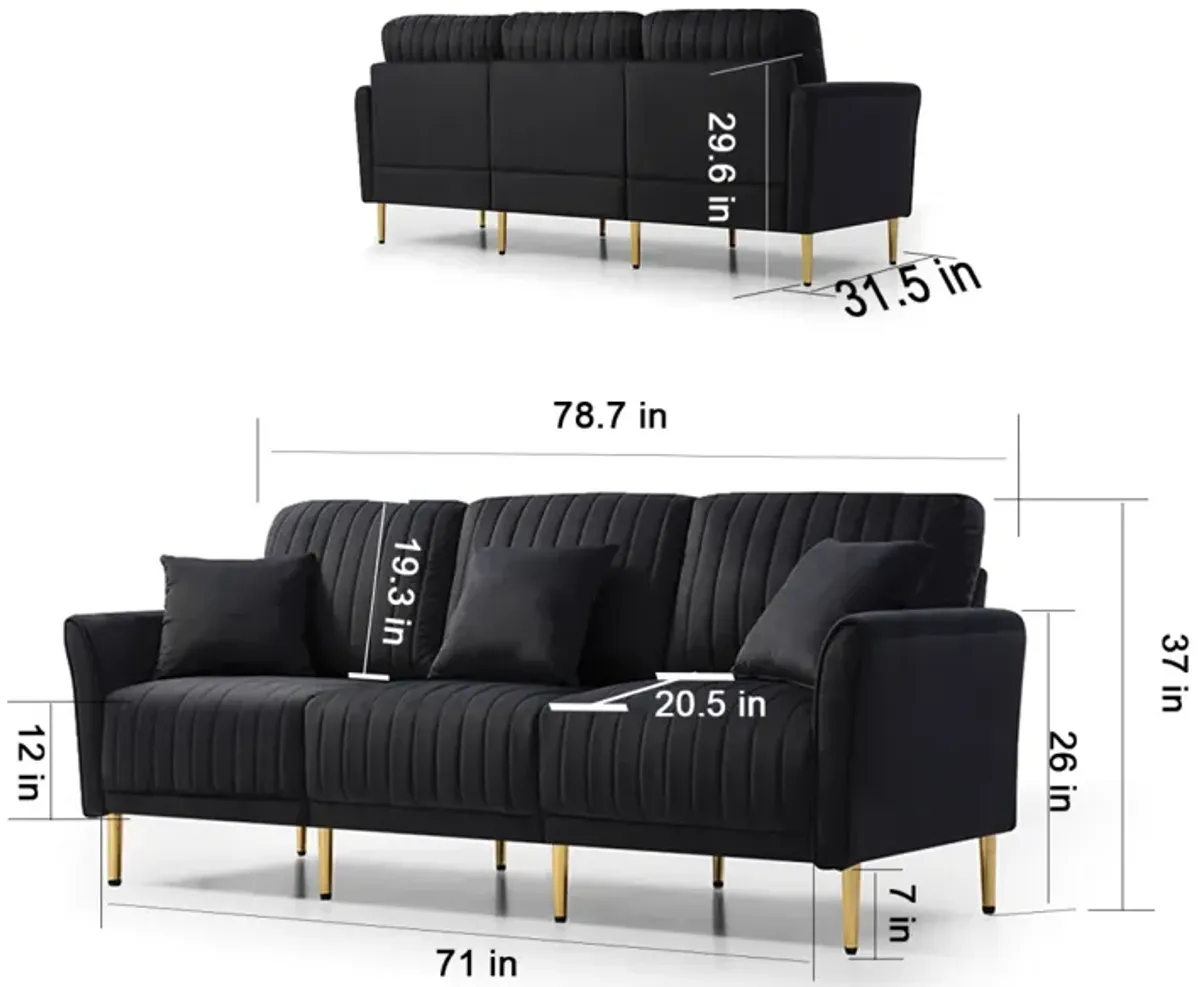 Mid-Century Tufted 3-Seat Sofa with Pillows, Black